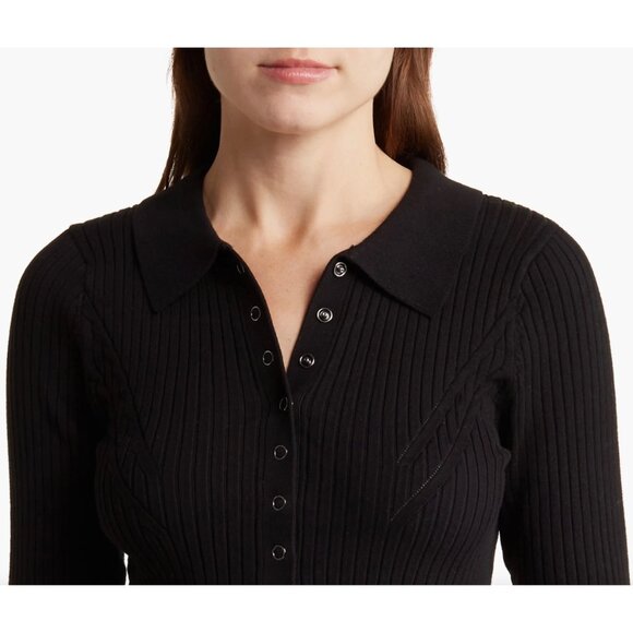 DKNY JEANS WOMEN NWT RIB COTTON BLEND KNIT BLACK POLO SWEATER. SIZE L - Picture 3 of 10